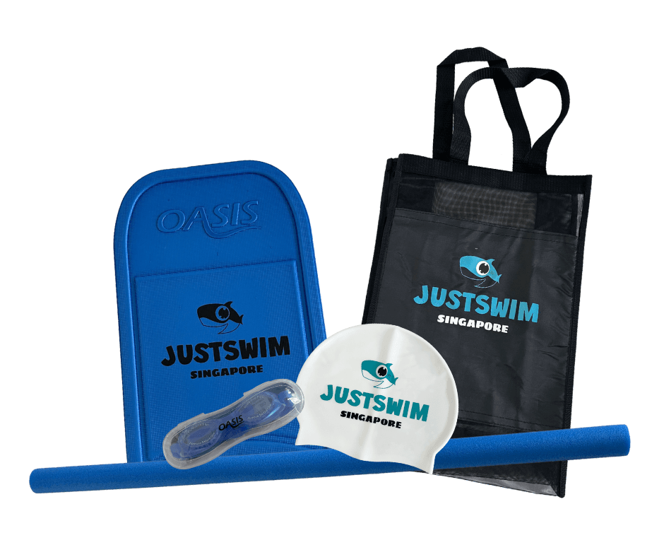 The JustSwim Free Swim Starter Kit: kickboard, swim bag, cap, goggles and pool noodle